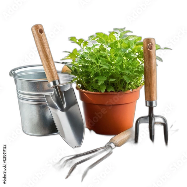Fototapeta Garden tools soil plant greenery utensils set transparent background