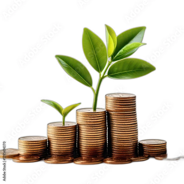 Fototapeta Stack of Coins with a Growing Plant Symbolizing Financial Growth on white