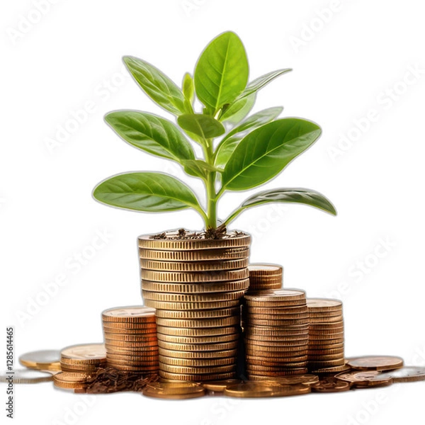 Obraz Stack of Coins with a Growing Plant Symbolizing Financial Growth on white