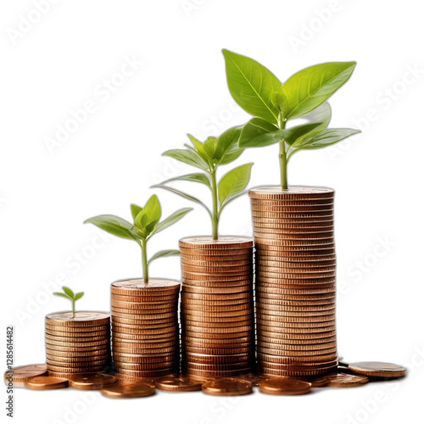 Fototapeta Stack of Coins with a Growing Plant Symbolizing Financial Growth on white
