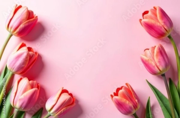 Fototapeta Spring card. Flowers located along the edge of a festive picture with an empty space for text for congratulations. Tulips