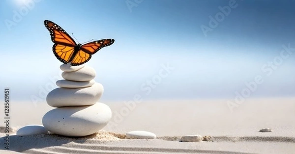 Fototapeta A monarch butterfly perched on a stack of smooth white stones, creating ripple patterns in the sand below against a clear blue sky background