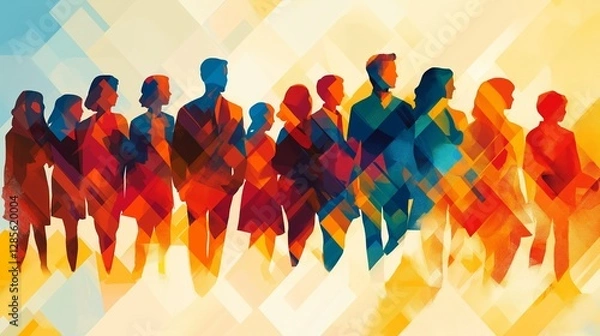 Obraz Abstract illustration of diverse group of people created with vibrant geometric patterns and warm colors conveying teamwork and unity