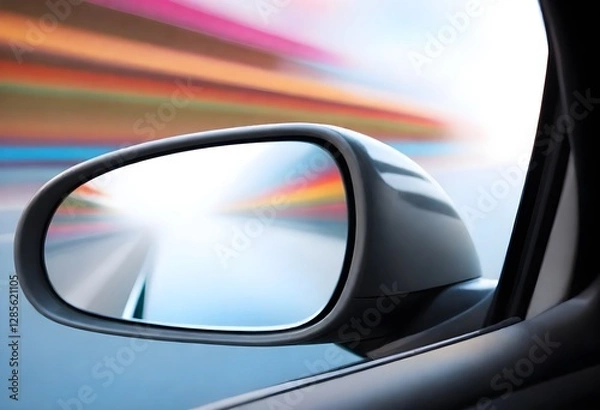 Fototapeta A side view mirror of a car with a blurred, colorful background, suggesting high speed motion