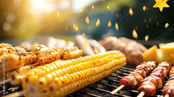 Fototapeta Sizzling Summer BBQ Grill with Corn and Skewers, Golden Sunlight & Falling Sparks

