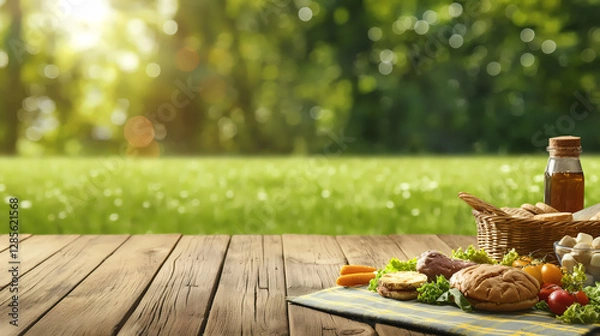 Fototapeta Empty Wooden Picnic Table in a Sunny Green Park, Ready for a Summer Meal

