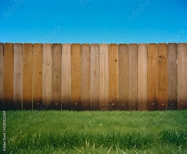 Fototapeta A wooden fence with vertical planks against a clear blue sky, with a lush green grass lawn in the foreground