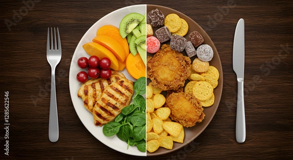 Fototapeta Healthy Eating vs Unhealthy Eating A Comparative Food Plate Image Showing the Difference Between a Balanced Diet and a Diet Rich in Processed Foods and Sugary Treats