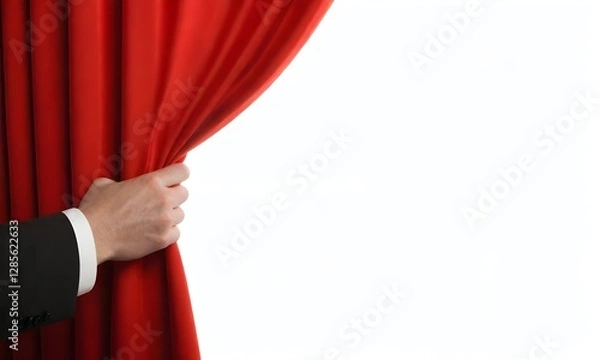 Fototapeta A hand pulling open a red curtain, revealing a white background