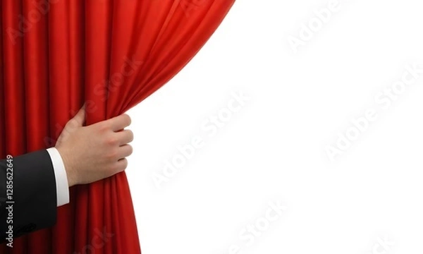 Fototapeta A hand pulling open a red curtain, revealing a white background