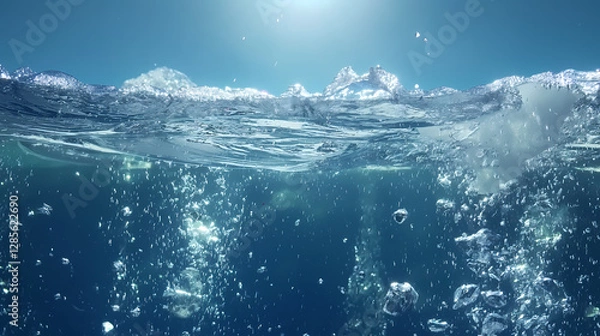 Fototapeta Sunlit Underwater Ocean Scene with Bubbles and Sunbeams Piercing the Surface

