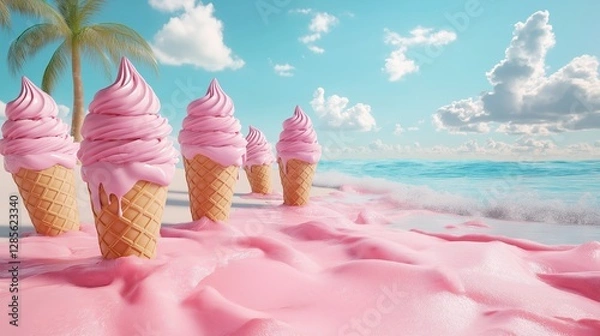 Obraz Pink ice cream cones melting on dreamy tropical beach with palm tree under clear blue sky and fluffy white clouds