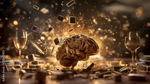 Fototapeta Golden Brain Bursting with Ideas, Surrounded by Floating Symbols and Champagne Flutes

