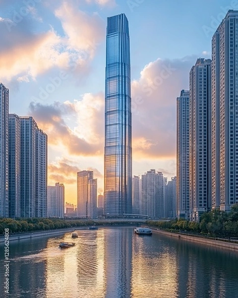 Fototapeta Modern skyscraper reflecting on tranquil water.