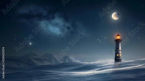 Fototapeta Lone Lighthouse Glowing in a Snowy, Starry Night with Crescent Moon

