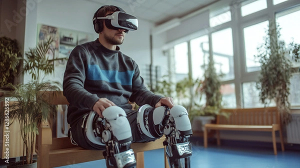 Fototapeta Man with a disability wearing virtual reality glasses with bionic prosthetic arm gets rehabilitation. Man in vr goggles raising robotic hand interacting with objects in cyberspace. 