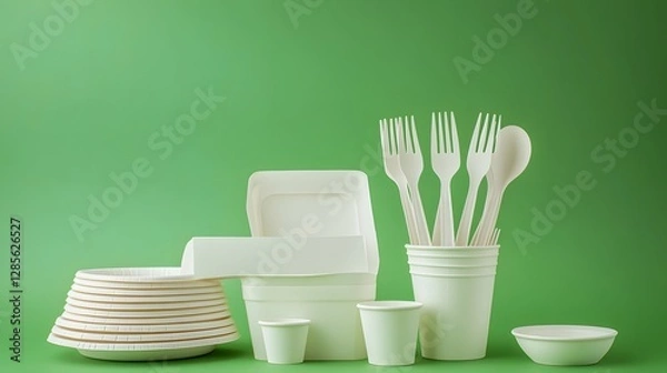 Fototapeta Ecofriendly disposable white biodegradable plates cups forks spoons and bowls set food party clean