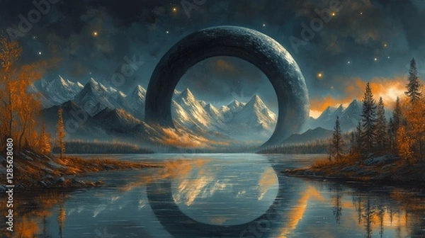 Obraz Surreal landscape featuring a giant ring structure with reflective lake amidst snow-capped mountains and glowing starry sky at dusk
