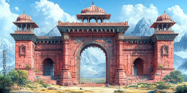 Fototapeta ancient Eastern city gate with carved stone detailed and ornate arches