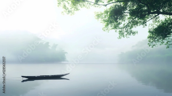 Fototapeta Lonely Canoe on a Misty Lake at Dawn, Serene and Dreamlike Nature Scene


