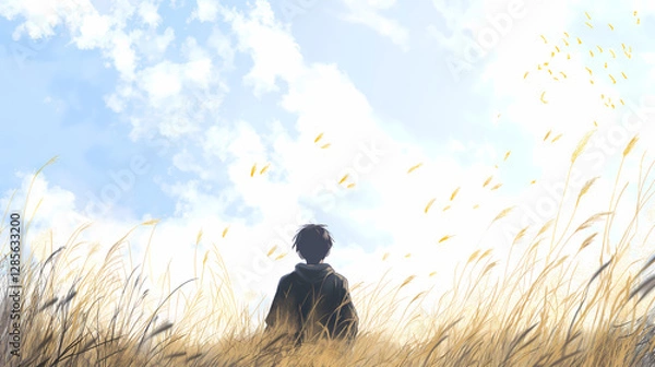 Fototapeta Silhouette of a Person Sitting in a Golden Wheat Field Under a Bright Blue Sky

