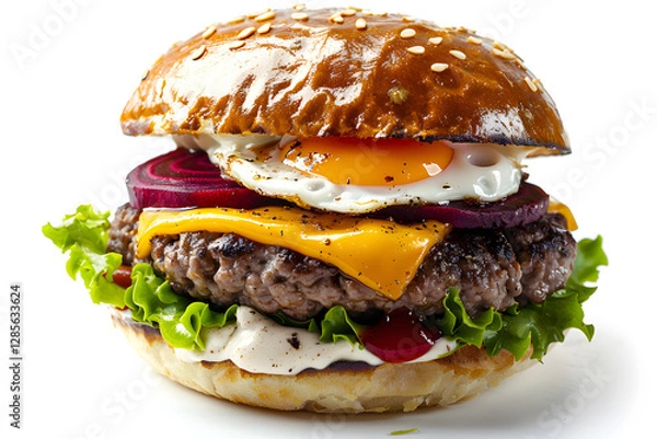 Fototapeta Kiwi Burger, a burger topped with beetroot, a fried egg, and sometimes pineapple, alongside the usual beef patty, cheese, and lettuce