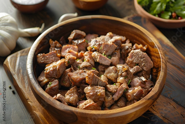 Obraz  Top shot of a pot of Geera Pork, slow-cooked pork seasoned with cumin (geera) and other spices, often enjoyed as a snack or appetizer.