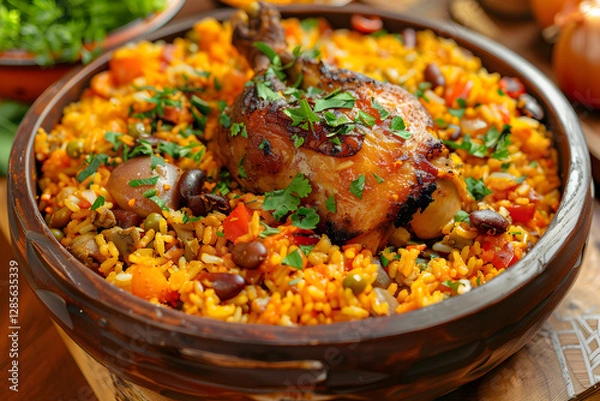 Obraz Close up of Pelau, a one-pot dish made with rice, pigeon peas and chicken seasoned with coconut milk and a variety of spices.
