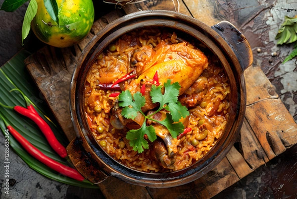 Obraz Top view of Pelau, a one-pot dish made with rice, pigeon peas and chicken seasoned with coconut milk and a variety of spices.