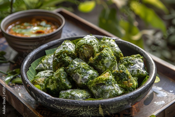 Obraz Trinidad and Tobago snack called Saheena, made from taro leaves rolled with a split pea batter, sliced, and deep-fried 