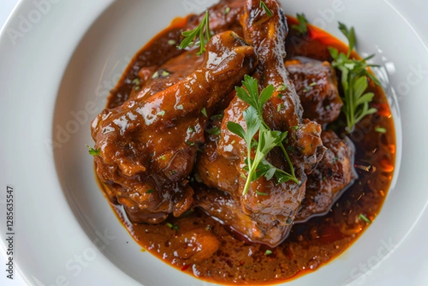 Obraz Top shot of a stew chicken dish, slow-cooked in a rich, caramelized sauce made from brown sugar, tomatoes, and spices, a favorite in Trinidad and Tobago