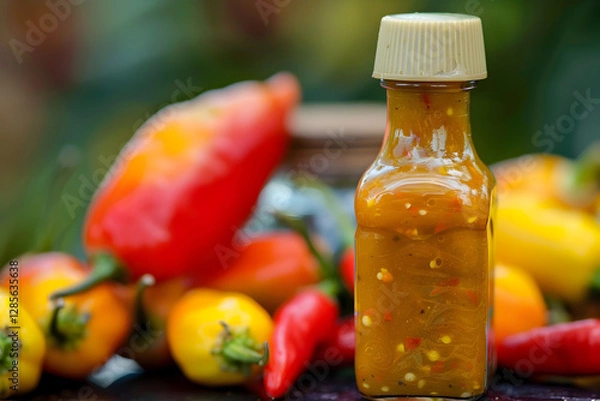 Obraz Trinidadian Pepper Sauce, a hot and flavorful condiment made with scotch bonnet peppers, garlic, mustard, and vinegar, often used to spice up dishes