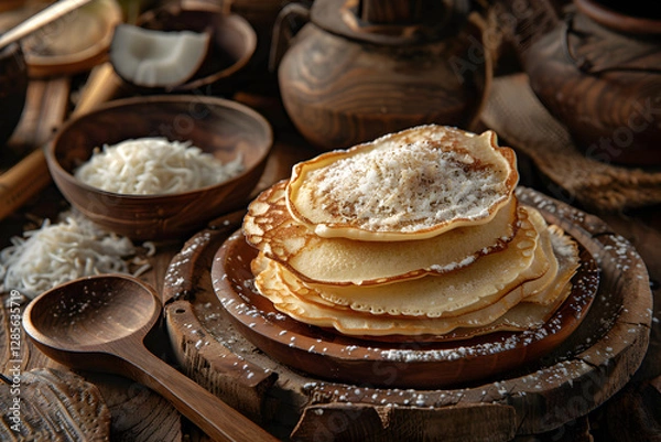 Obraz Tuvaluan Pancakes, sweet pancakes made from flour, sugar, and coconut milk, often enjoyed as a breakfast or dessert.