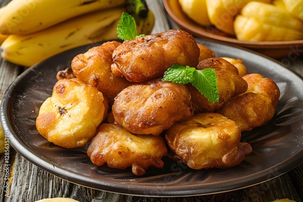 Obraz Banana fritters or sweet bananas fried until golden brown, a popular snack or dessert in Tuvalu.