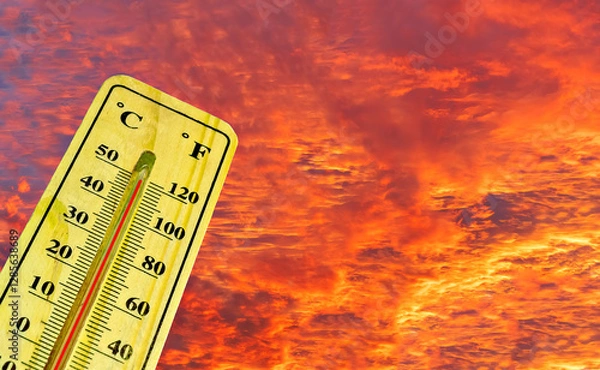 Obraz Tropical extreme temperature, measured on an outdoor thermometer, concept of fight for climate and warning for global warming and deadly heat waves
