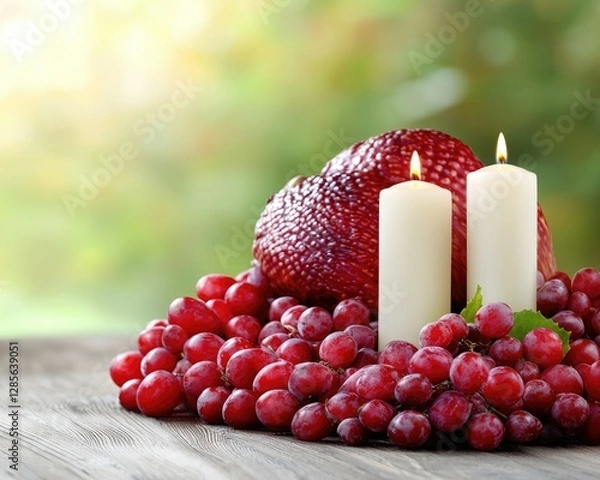 Fototapeta A serene arrangement of red fruits and two lit candles, creating a warm and inviting atmosphere on a wooden surface.