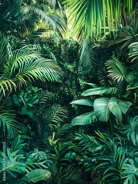 Fototapeta Lush Green Tropical Rainforest Canopy Vibrant Foliage Nature Background : Generative AI