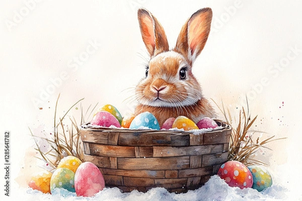 Fototapeta Easter bunny in a basket in the snow.