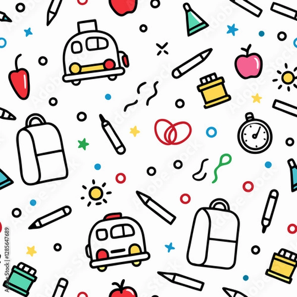 Fototapeta Seamless pattern with school bus, backpack, pencils, apples, and party elements.