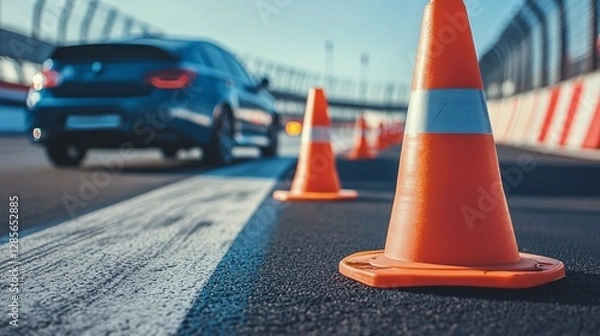 Fototapeta Driving school setup with a car and traffic cones an orange cone designated for driver training at a racetrack