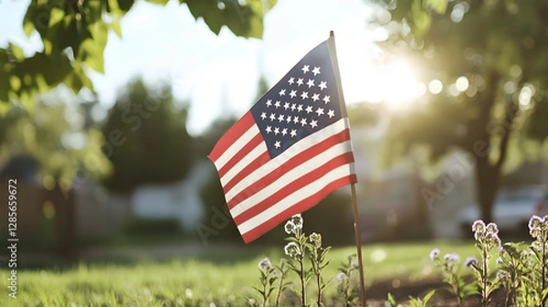 Fototapeta American Flag on a Sunny Day with Blurred Background in Vibrant Natural Setting : Generative AI
