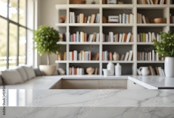 Fototapeta A white marble countertop or table in the foreground, with a blurred bookshelf and living room area in the background