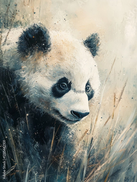 Obraz Close up of a panda in natural habitat with grassy background featuring vibrant colors and fine detail