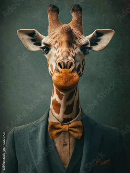 Obraz A giraffe dressed in a formal suit with a bow tie, showcasing a unique anthropomorphic character in a stylish setting