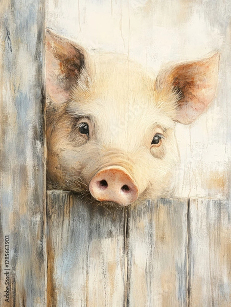 Obraz Close up of a curious pig peering through wooden fence in a serene rural setting