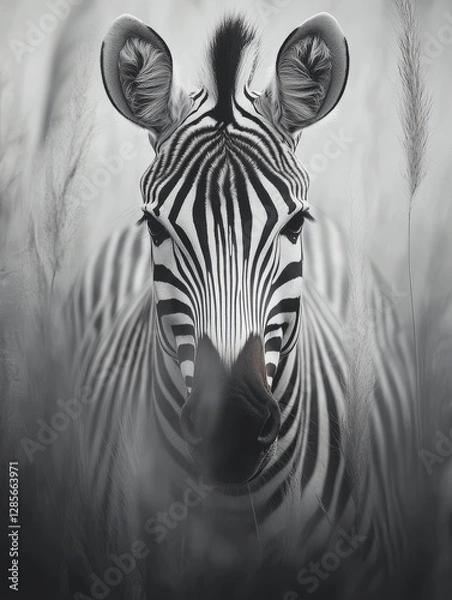 Obraz Close-up view of a zebra showcasing intricate black and white stripes in a natural habitat