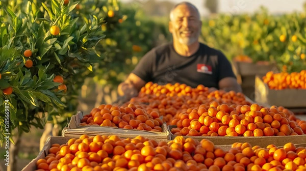 Obraz Ripe oranges filling rustic wooden crates amid orange grove, farmer harvesting fruit in soft focus background