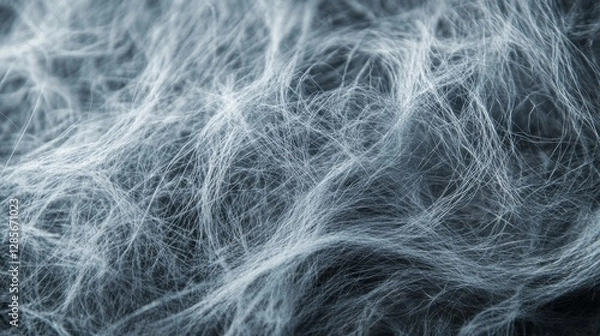 Fototapeta Close-up photo of gray fibers forming a furry, tangled pattern like wool or fabric. The picture shows the fine details of the interwoven strands with a hazy, dreamy effect.