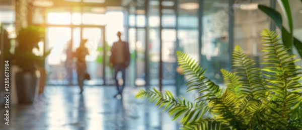 Fototapeta A modern office interior with fern plants in the foreground and blurred people walking through glass doors in the background, creating a photorealistic and cinematic look.