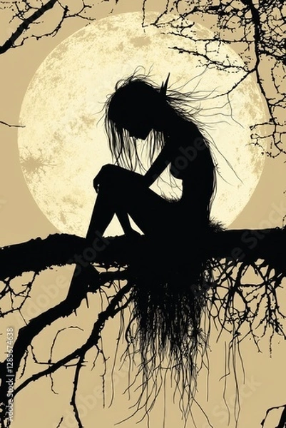 Fototapeta A silhouette of a woman sitting on a tree branch in front of a full moon